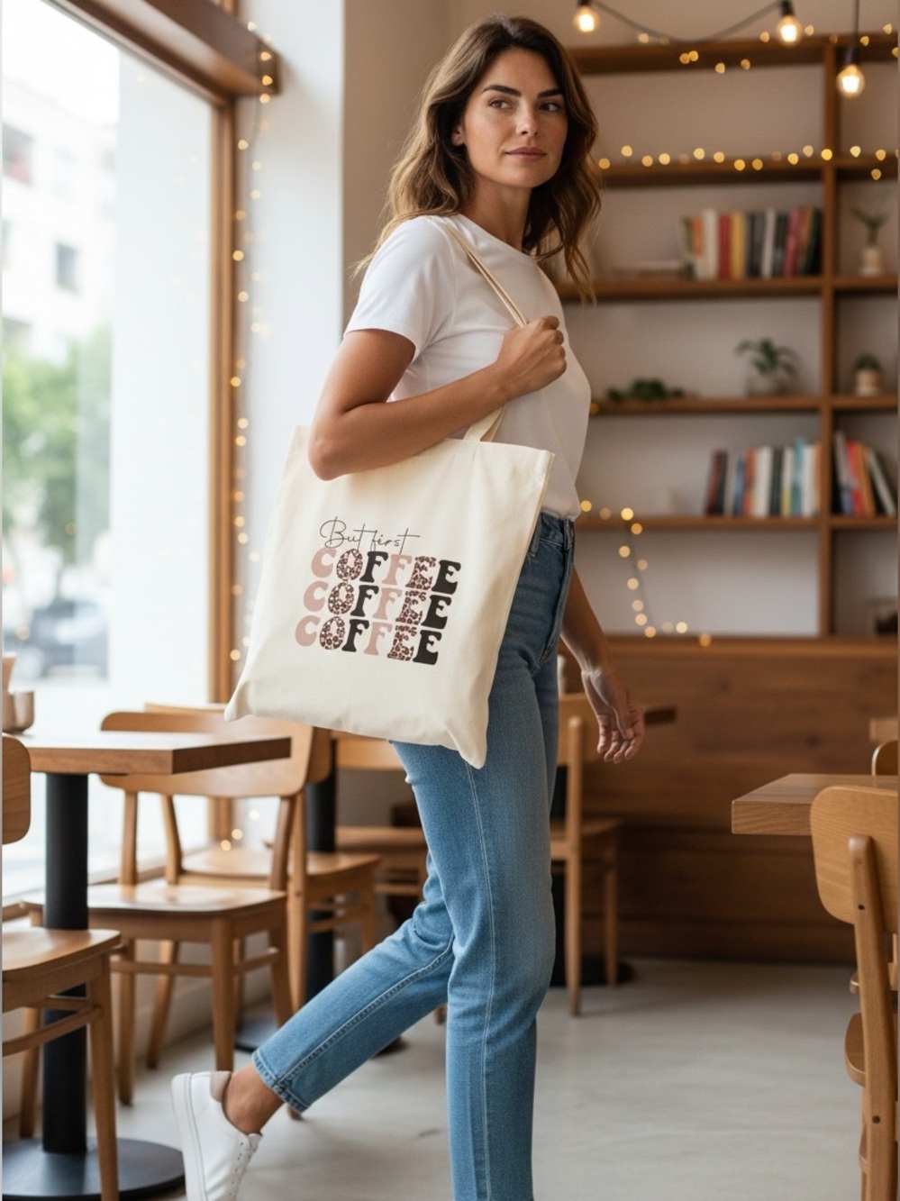 Riah Fashions Cream Canvas Tote Bag with a Coffee Graphic